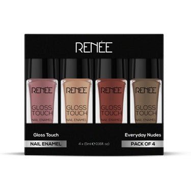 Renee Glossy Finish Touch Nail Paint Set of 4 (5 ML)& Hard Black Kajal Pen with Sharpener Combo